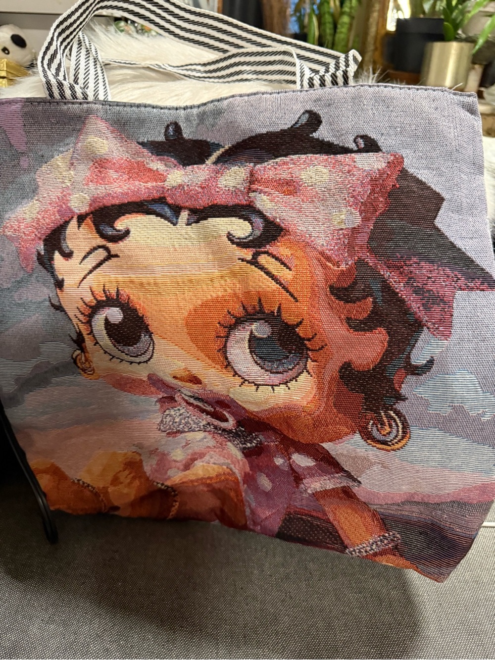 Artist hands made Betty Boop Canvas Tote Bag with Polka Dot Bow - Pink & Black